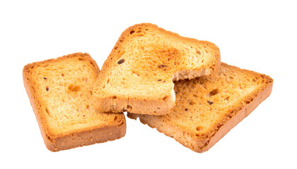 Three slices of toasted bread, arranged on a surface. One slice is slightly broken