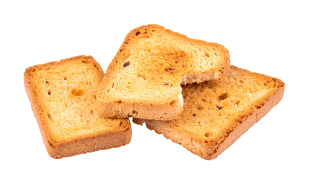 Three slices of toasted bread, arranged on a surface. One slice is slightly broken