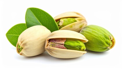 Fresh Pistachio nuts with green leaves showcasing natural whole and cracked s on white background for healthy snack and culinary ingredient