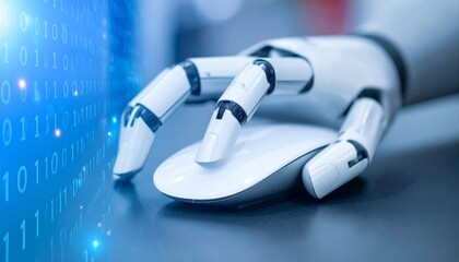 A robotic hand manipulating a computer mouse with binary code backdrop