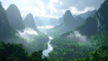 Obraz premium Breathtaking panoramic view of lush green mountains and winding river surrounded by misty clouds du daytime in a serene natural landscape for travel and outdoor exploration