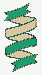 Hand drawn ribbon banner design with green and beige color scheme on a white background