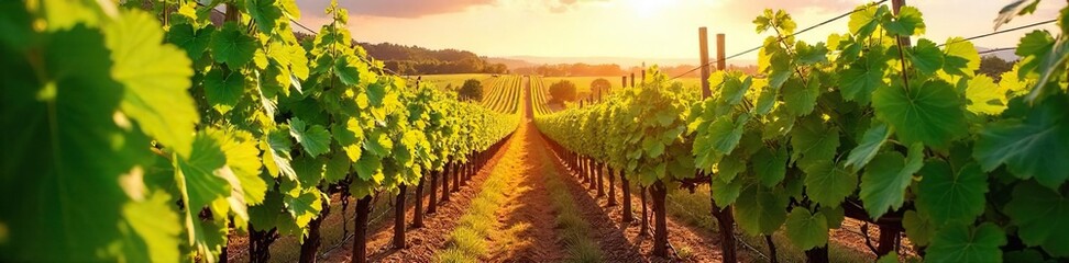 Naklejka premium Sun-drenched rows of grapevines stretching to the horizon, lush green leaves and ripening grapes in a picturesque vineyard Perfect for wine, agriculture, and travel themes , wine, vineyard rows