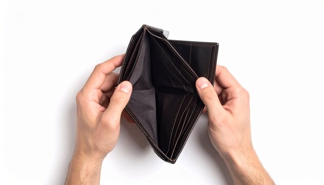 A pair of hands holding an empty wallet, symbolizing financial hardship. The image conveys a sense of poverty or lack of money