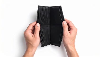 A person holding up an empty wallet showing financial difficulties. The wallet is open, and its contents are visible to the viewer. It shows the concept of poverty.