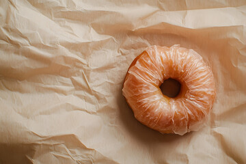 Single donut with light icing on plain kraft paper over neutral surface ideal with empty space for text and minimalist branding. Dessert and food marketing