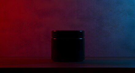 Black Jar Mockup on Shelf with Neon Red and Blue Lighting, Dark Product Packaging
