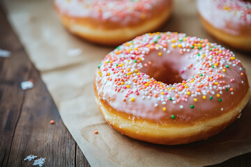 Donut with light icing on plain kraft paper over neutral surface ideal for fun, minimalist branding. Dessert and food marketing
