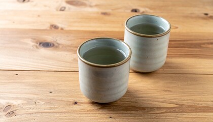 Two ceramic cups containing tea sit on a wooden table, creating a moment of tranquility and warmth. The image evokes a sense of simple pleasure and refreshment