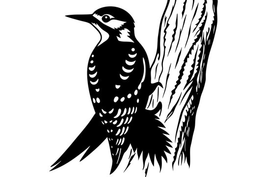 black and white woodpecker on tree clip art preview