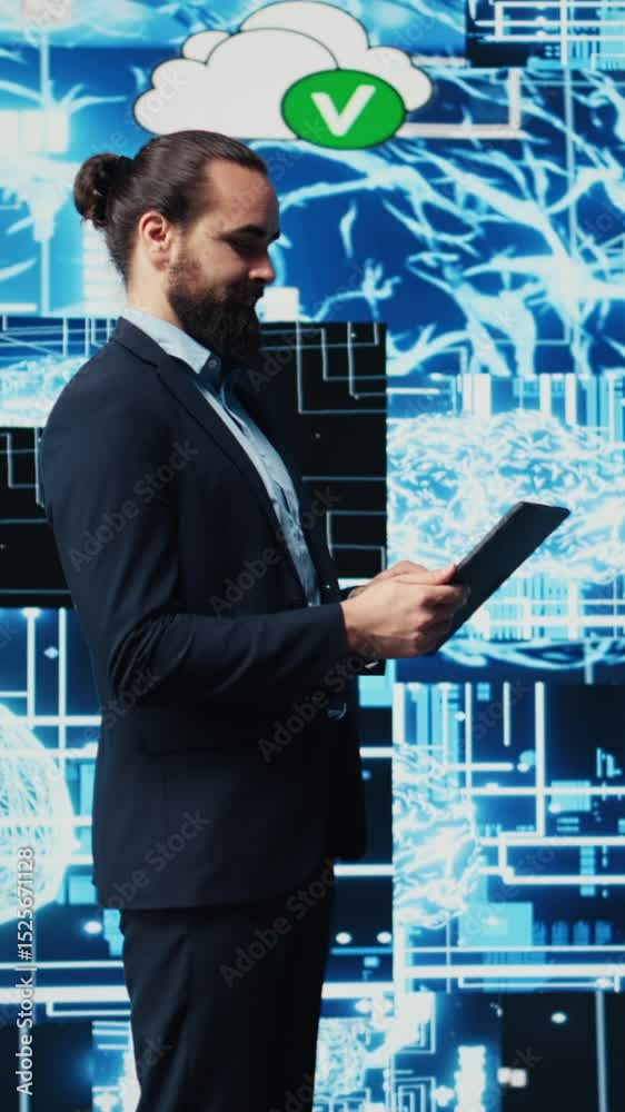 Poster vertical video entrepreneur uses laptop to review artificial intelligence brain system on dashboard,