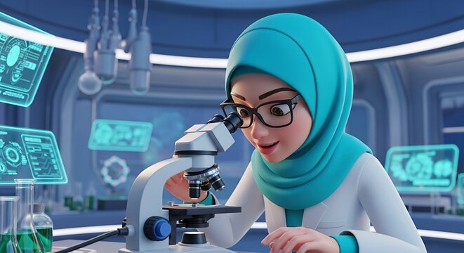 Young Muslim Scientist Using Microscope in Modern Lab - Powered by Adobe