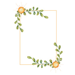 Obraz premium Square frame made of green branches and yellow sun in the corners. 