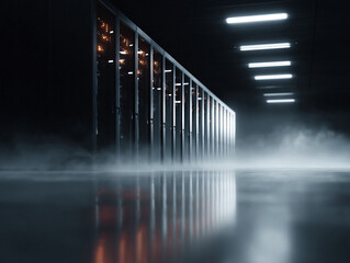 Mysterious server room illuminated by neon lights, shrouded in mist. Evokes data, technology, computing, and security. Ideal for tech and innovation concepts.