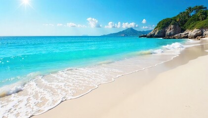 Obraz premium Sun-drenched beach scene with clear blue water, inviting waves, and soft white sand, perfect for a relaxing summer day Ideal for vacation, travel, and summer themes , beautiful, sand