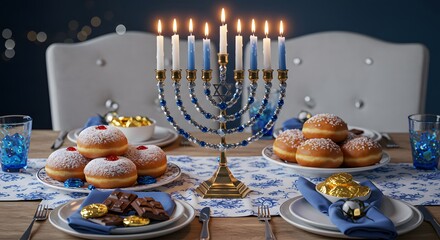 Hanukkah Table Setting with Menorah, Sufganiyot Donuts, Chocolate Gelt and Blue Decorations