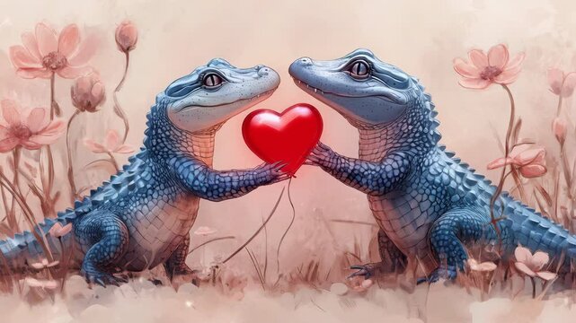 Two Blue Lizards Holding a Red Heart Surrounded by Flowers in a Whimsical Romantic Setting During Daylight. Generative AI