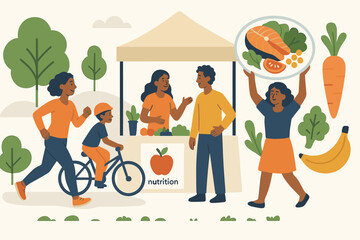 Healthy lifestyle fair illustration. Diverse people enjoying outdoor activities, exercise, and fresh food at community market. Nutrition, wellness, and family wellbeing concept. Vector graphic.