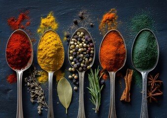 Colorful Spices in Spoons with Herbs and Spices Around