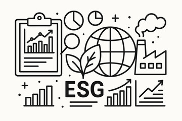 ESG Environmental Social Governance impact metrics vector illustration. Corporate sustainability, ethical investing, business responsibility outline design with charts, globe, factory.