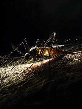 Photo of a mosquito on human skin, highlighting health concerns and insect-borne disease prevention