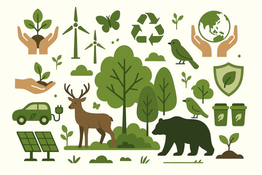 Eco friendly conservation. Sustainability icons. Renewable energy: wind turbine, solar panel. Wildlife protection: deer, bear. Recycling symbol. Nature care. Green living. Earth Day. Planet.