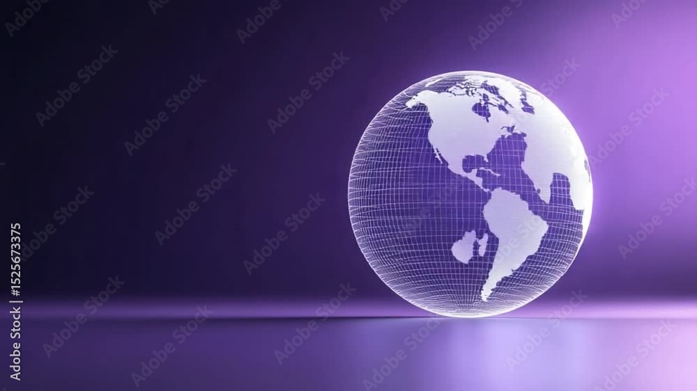 Poster global digital sphere: a luminous glass globe casts a serene glow against a purple backdrop, symboli