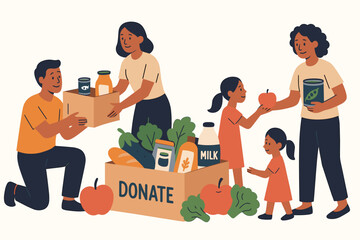 Food donation drive vector illustration. Diverse volunteers, family with children participating in charity. Community support concept, giving groceries for hunger relief and helping needy people.