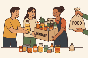 Food donation campaign concept with volunteers packing groceries. Charity drive for hunger relief, community support, and humanitarian aid. People giving food to a food bank or shelter.