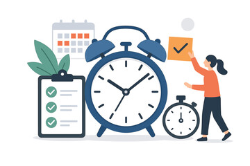 Obraz premium Effective task organization and time management concept. Woman planning schedule with checklist, calendar, alarm clock, and stopwatch for productivity, meeting deadlines. Work efficiency vector.