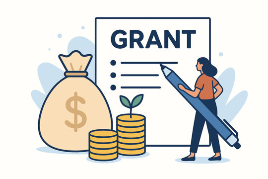 Grant writing concept. Woman with giant pen completes grant application. Financial aid, funding, investment. Money bag, coins, growing plant symbolize growth, support, success, opportunity.