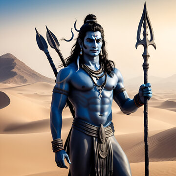 Shiva in a desert of ashes, holding his trident, symbolizing the end of life and the beginning of rebirth, Shiva, destroyer, rebirth