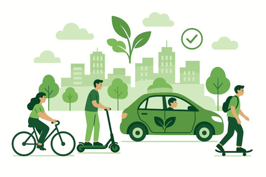 Eco friendly urban mobility concept. People on bicycle, electric scooter, skateboard. Green transport in sustainable city with electric car. Ecology & environmental care illustration.