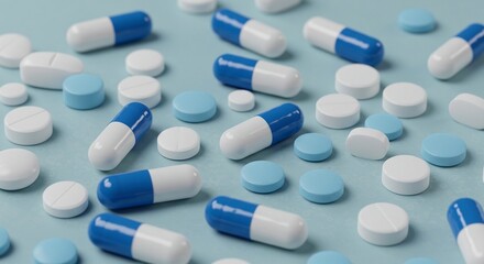 A scattered collection of blue and white capsules and tablets on a light blue background, highlighting various medication forms.