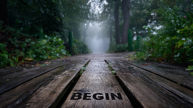 The word Begin on a wooden path leading into a mysterious, foggy forest