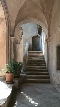 Stone staircase and arched passage in a historic European building with plant and doorway details, captured in bright daylight.