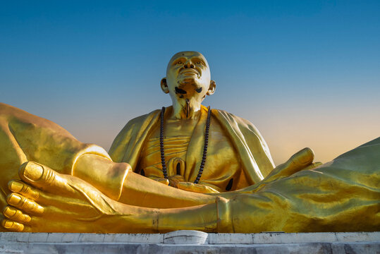 Aerial view, Kruba Srivichai statue at Wat Doi Ti the old history temple in Lumphun, Thailand.