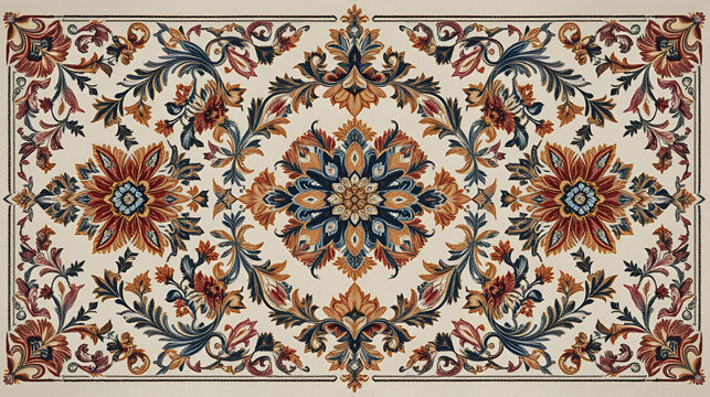 Traditional mixed Embroidery design concept. Antique illustration art for website, user interface theme. Interior decoration idea. Abstract pattern for the carpet background