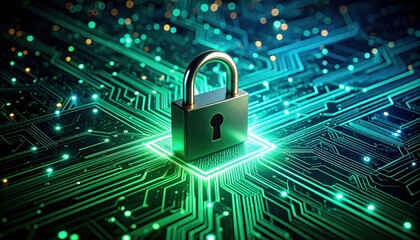 Digital padlock glowing on a circuit board, representing cybersecurity, data protection, internet safety, and the future of secure digital networks