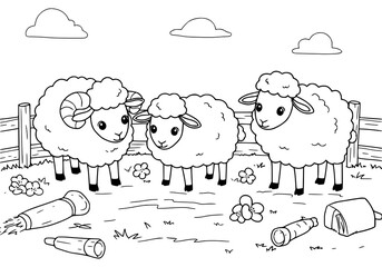 sheep and lambs drawing. coloring book for kids