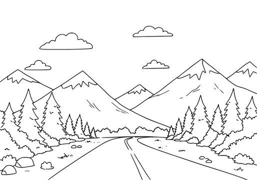 Montain view sun road and trees. drawing illustration. coloring pages