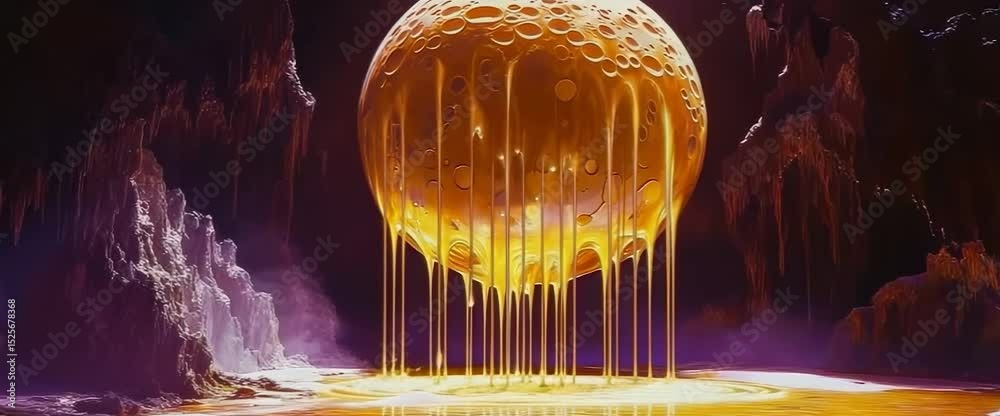 Wall mural a large orange moon with a stream of yellow paint dripping from it. the scene is set in a forest at 