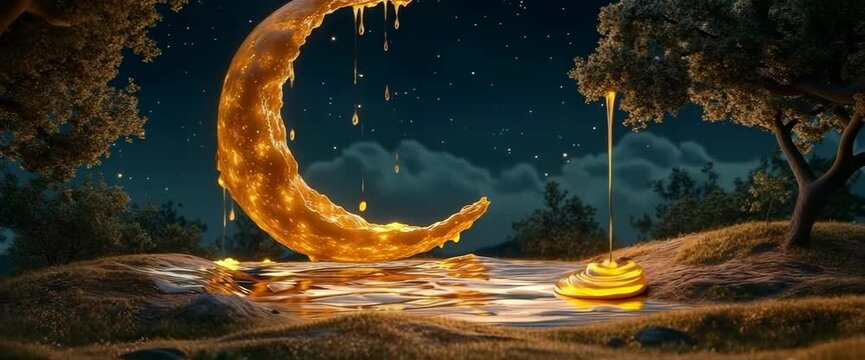 A large, glowing, golden crescent moon is surrounded by a pool of liquid. The scene is set in a forest, with trees in the background. The moon appears to be melting, and the liquid is dripping from it
