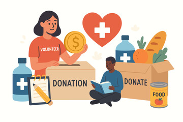 Charitable support concept with volunteer collecting donations. Food drive, humanitarian aid, and community assistance illustration. People giving back for social care, poverty relief & help.