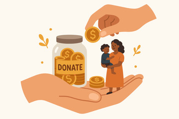 Hands donating coins to jar for mother and child. Concept of charity, community support, financial aid, child welfare, poverty relief, generosity and giving. Social help.