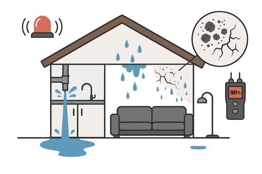 House water damage emergency concept. Vector illustration of flooded home with burst pipe and roof leak. Plumbing problems with mold, high humidity, alarm for repair service.