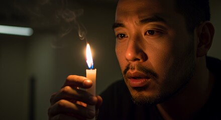 A Man Gazing at a Candle Flame in Darkness