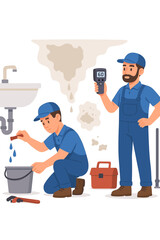 Plumbers fixing water leak. Repairman team working on sink pipe and detecting water damage with thermal camera. Home maintenance and emergency plumbing service concept vector.