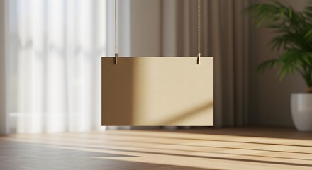 Hanging Cardboard Sign Mockup with Plant and Sunlight, Interior Design, Minimalist Style