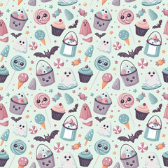 Naklejka premium seamless cute Halloween Treats & Snacks pattern Decorations in this section
